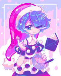 Rule 34 | 1girl, ;3, absurdres, black capelet, blue hair, book, bowl, capelet, closed mouth, commentary, doremy sweet, dress, hair over one eye, hat, highres, looking at viewer, nightcap, one eye closed, pom pom (clothes), red hat, short hair, solo, symbol-only commentary, touhou, user reimuis, white dress