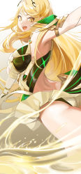 Rule 34 | 1girl, blonde hair, breasts, commentary, dress, earrings, elbow gloves, gloves, highres, jewelry, large breasts, long hair, looking at viewer, looking back, mythra (xenoblade), open mouth, panties, pantyshot, revision, short dress, simple background, swept bangs, tiara, underwear, very long hair, wangxiii, white background, white dress, white gloves, xenoblade chronicles (series), xenoblade chronicles 2, yellow eyes