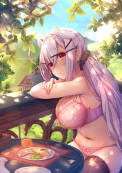 Rule 34 | 1girl, absurdres, ahoge, arm support, bare arms, bare shoulders, black scrunchie, black thighhighs, blue sky, blurry, blurry background, blush, bow, bow bra, bow panties, bra, breasts, cleavage, closed mouth, commentary request, crossed arms, cup, curled horns, day, depth of field, drink, drinking glass, food, fork, hair between eyes, hair ornament, hair scrunchie, hairclip, highres, horns, house, knife, large breasts, long hair, mountain, navel, nose blush, omelet, omurice, original, outdoors, panties, pink bra, pink panties, plate, red eyes, scrunchie, silver hair, sky, smile, solo, sunlight, tatapopo, thighhighs, tray, underwear, underwear only, very long hair