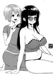 Rule 34 | 2girls, artist name, bare arms, bare shoulders, blunt bangs, breasts, brushing another&#039;s hair, brushing hair, cleavage, commission, greyscale, hair brush, highres, long hair, looking at viewer, medium breasts, monochrome, multiple girls, navel, norman maggot, original, seiza, short hair, sitting, smile, strapless, sunglasses