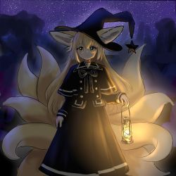Rule 34 | 1girl, absurdres, animal ear fluff, animal ears, arknights, black capelet, black dress, black hat, blonde hair, blush, capelet, closed mouth, commentary, dress, ears through headwear, english commentary, fox ears, fox girl, fox tail, green eyes, hair between eyes, hat, highres, holding, holding lantern, kitsune, kyuubi, lantern, long hair, looking at viewer, multiple tails, night, night sky, outdoors, rylaera, sky, smile, solo, star (sky), star (symbol), starry sky, suzuran (arknights), tail, tilted headwear, very long hair, witch hat