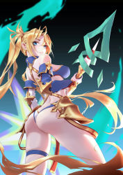 Rule 34 | 1girl, absurdres, armor, ass, back, bare shoulders, bikini, blonde hair, blue bikini, blue eyes, bradamante (fate), bradamante (third ascension) (fate), braid, breasts, crown braid, elbow gloves, energy barrier, energy shield, fate/grand order, fate (series), faulds, gloves, gradient background, hair between eyes, highres, large breasts, long hair, looking at viewer, looking back, scepter, solo, swimsuit, thigh strap, thighs, twintails, two-tone bikini, very long hair, white bikini, wilson zhu