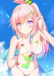 Rule 34 | 1girl, absurdres, adjusting hair, airani iofifteen, bikini, blue sky, blush, bow, bow swimsuit, bracelet, breasts, cherry, cleavage, cloud, collarbone, cup, drink, eyebrows hidden by hair, food, fruit, green bow, hair between eyes, hair ornament, hair ribbon, halterneck, highres, holding, holding cup, hololive, hololive indonesia, jewelry, long hair, looking at viewer, medium breasts, multicolored hair, nail polish, outdoors, palette hair ornament, pink bow, polka dot, polka dot swimsuit, ponytail, purple eyes, rate mogyu, ribbon, scrunchie, side-tie bikini bottom, sky, smile, solo, sunlight, swimsuit, tropical drink, two-tone hair, virtual youtuber, white bikini, wrist scrunchie