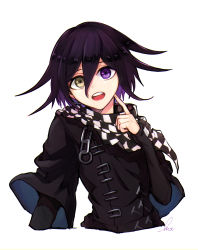 Rule 34 | 1boy, alternate color, black hair, black jacket, brown eyes, checkered clothes, checkered scarf, commentary request, cropped torso, danganronpa (series), danganronpa v3: killing harmony, grey background, hair between eyes, hand up, heterochromia, highres, index finger raised, jacket, kitsunebi v3kokonn, layered sleeves, long sleeves, looking at viewer, male focus, open mouth, oma kokichi, purple eyes, purple hair, scarf, short over long sleeves, short sleeves, signature, simple background, sleeves past wrists, smile, solo, teeth, upper body, upper teeth only, wide sleeves