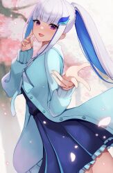 Rule 34 | 1girl, absurdres, aqua jacket, blue hair, blue shirt, blue skirt, blunt bangs, cherry blossoms, colored inner hair, commentary, cowboy shot, falling petals, grey hair, hand up, highres, jacket, lize helesta, long hair, long sleeves, looking at viewer, multicolored hair, nijisanji, open mouth, outdoors, petals, pleated skirt, ponytail, purple eyes, reaching, reaching towards viewer, shirt, sidelocks, skirt, sleeves past wrists, smile, solo, virtual youtuber, wabimochi