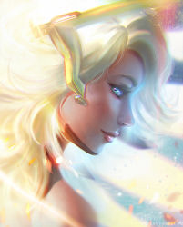 Rule 34 | 1girl, alternate hairstyle, artist name, bare shoulders, blonde hair, blue eyes, eyelashes, from side, glowing, glowing wings, hair down, halo, headgear, lipstick, long hair, looking at viewer, makeup, mechanical halo, mercy (overwatch), nose, overwatch, overwatch 1, pink lips, portrait, profile, seiorai, shards, smile, solo, turtleneck, watermark, web address, white wings, wings