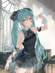 Rule 34 | 1girl, aqua eyes, aqua hair, arm up, bare shoulders, black dress, breasts, broken glass, cleavage, cowboy shot, cup, dress, drinking glass, earrings, frilled dress, frills, glass, hair ornament, hatsune miku, highres, holding, holding cup, jewelry, long hair, looking at viewer, mada (shizhou), neck ribbon, ribbon, see-through, see-through cleavage, sidelocks, sleeveless, sleeveless dress, small breasts, solo, standing, twintails, vocaloid, wine glass, wrist cuffs