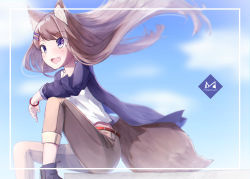 Rule 34 | 1girl, :d, absurdres, animal ears, bad id, bad pixiv id, belt, blue sky, blurry, boots, bracelet, brown hair, brown pants, cloud, day, depth of field, eyes visible through hair, fang, feet out of frame, fox ears, fox tail, framed, hair ornament, hairclip, highres, jacket, jewelry, knee up, long hair, long sleeves, looking away, mayogii, open mouth, original, outdoors, pants, purple eyes, shirt, sitting, sky, smile, solo, tail, white shirt, wind