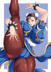 Rule 34 | 1girl, ass, blue background, blush, border, bracelet, breasts, brown eyes, brown hair, brown pantyhose, bun cover, cameltoe, capcom, chinese clothes, chun-li, cleft of venus, cowboy shot, double bun, facing viewer, hair bun, jewelry, large breasts, leg lift, looking at viewer, nipples, outside border, panties, pantyhose, parted lips, puffy short sleeves, puffy sleeves, sash, short hair, short sleeves, simple background, spiked bracelet, spikes, standing, standing on one leg, street fighter, thick thighs, thighs, underwear, white border