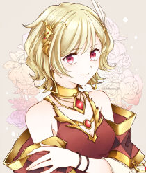 Rule 34 | 1girl, absurdres, bare shoulders, blonde hair, breasts, citrinne (fire emblem), cleavage, commentary, dress, earrings, feather hair ornament, feathers, fire emblem, fire emblem engage, grey background, hair ornament, highres, hoop earrings, jewelry, long sleeves, looking at viewer, medium breasts, neck ring, nintendo, red dress, red eyes, shirokuroma 29, short hair, solo, upper body