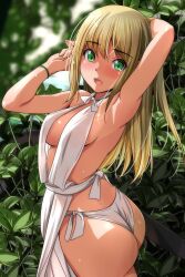Rule 34 | 1girl, arm behind head, arms up, ass, blonde hair, blurry, blush, breasts, depth of field, elf, forest, green eyes, highres, large breasts, loincloth, long hair, looking at viewer, matsunaga kouyou, nature, nose blush, open mouth, original, outdoors, pelvic curtain, pointy ears, smile, solo, vegetation