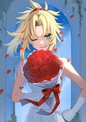 Rule 34 | 1girl, blonde hair, bouquet, bow, clenched hand, dress, fate (series), flower, gloves, green eyes, hand on own hip, highres, holding, holding bouquet, light particles, looking at viewer, mord roku0131, mordred (fate), one eye closed, petals, ponytail, red bow, red flower, red rose, rose, smile, solo, upper body, white dress, white gloves