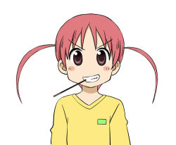 Rule 34 | blush stickers, food, grin, looking at viewer, nichijou, pocky, purple eyes, red hair, simple background, smile, tachibana mihoshi, twintails