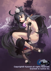 Rule 34 | 1girl, bad id, bad pixiv id, black gloves, black hair, black pantyhose, breasts, choker, clothes pull, covering privates, covering breasts, earrings, elbow gloves, flower, gloves, glowing, hair flower, hair ornament, hair stick, high heels, highres, hyeona, jewelry, large breasts, lips, long hair, lying, mole, nude, on side, original, pantyhose, pantyhose pull, red eyes, single elbow glove, skirt, skirt pull, smile, solo, torn clothes, torn gloves, unleashed, very long hair, watermark, wings