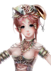 Rule 34 | 1girl, armlet, blush, breasts, cherokee (1021tonii), hair tubes, headdress, jewelry, looking at viewer, medium breasts, necklace, original, pink eyes, pointy ears, red hair, short hair, sidelocks, smile, solo, upper body, white background