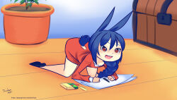 Rule 34 | 1girl, all fours, black footwear, blue hair, blush, braid, clothing cutout, crayon, disgaea, disgaea d2, drantyno, drawing, dress, flat chest, highres, laharl, laharl-chan, long hair, long sleeves, looking at viewer, on floor, open mouth, paper, plant, potted plant, rabbit ears, rabbit girl, rabbit tail, red dress, red eyes, shoes, smile, tail, tail through clothes, teeth, toy box