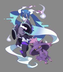 Rule 34 | 1girl, aqua hair, black shirt, black skirt, black thighhighs, blue hair, breasts, closed mouth, colored sclera, creatures (company), dbepd, detached legs, detached sleeves, game freak, gen 4 pokemon, ghost miku (project voltage), gradient hair, grey background, hatsune miku, highres, long hair, looking at viewer, mismagius, multicolored hair, nintendo, pale skin, pokemon, pokemon (creature), project voltage, red eyes, shirt, simple background, skirt, sleeveless, sleeveless shirt, sleeves past fingers, sleeves past wrists, small breasts, thighhighs, very long hair, vocaloid, white hair, wide sleeves, yellow eyes, yellow sclera