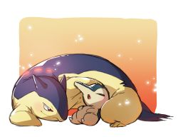 Rule 34 | blush, closed eyes, commentary request, creatures (company), curled up, cyndaquil, game freak, gen 2 pokemon, highres, looking at another, lying, nintendo, no humans, on back, on stomach, open mouth, pokemon, pokemon (creature), red eyes, sleeping, smile, taisa (lovemokunae), tongue, typhlosion