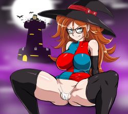 Rule 34 | 1boy, 1girl, alternate legwear, android 21, android 8, bare shoulders, bat (animal), black-framed eyewear, black thighhighs, blue eyes, breasts, cameltoe, cleft of venus, clothes lift, curly hair, darm engine, dragon ball, dragon ball fighterz, dress, dress lift, earrings, glasses, halloween, halloween costume, hat, hoop earrings, jewelry, large breasts, licking lips, moon, multicolored clothes, multicolored dress, panties, red hair, seductive smile, sitting, smile, spread legs, thighhighs, thong, tongue, tongue out, underwear, witch hat