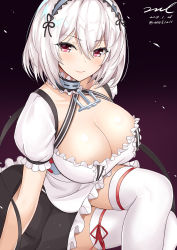 Rule 34 | 1girl, apron, azur lane, bare arms, black background, black choker, black dress, blush, breasts, choker, cleavage, closed mouth, crossed legs, dated, dress, frilled choker, frilled dress, frills, gradient background, hair between eyes, knee up, large breasts, looking at viewer, maid apron, maid headdress, red eyes, short hair, short sleeves, signature, sirius (azur lane), sitting, solo, thighhighs, twitter username, unel, white apron, white hair, white thighhighs