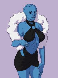 Rule 34 | 1girl, alien, alternate costume, asari (mass effect), bald, bald girl, bare shoulders, blue eyes, blue skin, breasts, casual, choker, colored skin, cosplay, criss-cross halter, feather boa, fujibayashi sheena, halterneck, highres, large breasts, liara t&#039;soni, lips, mass effect (series), mass effect 1, midriff, navel, nikcesco, nose, sheena fujibayashi (cosplay), sideboob, simple background, skirt, solo, tales of (series), tales of symphonia