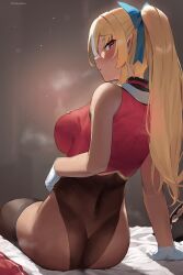 Rule 34 | 1girl, arm support, ass, blonde hair, blue ribbon, breasts, brown background, brown leotard, brown thighhighs, cosplay, dark-skinned female, dark skin, frikulu, from behind, gloves, hair ribbon, highres, hololive, houshou marine, houshou marine (1st costume), houshou marine (cosplay), leotard, long hair, looking at viewer, medium breasts, pointy ears, ponytail, red eyes, ribbon, shiranui flare, sleeveless, solo, sweat, thighhighs, twitter username, virtual youtuber, white gloves