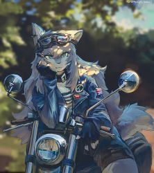 Rule 34 | 1girl, animal ears, black jacket, blue eyes, blurry, blurry background, dated, ear piercing, female focus, fingerless gloves, furry, furry female, gloves, goggles, goggles on head, head rest, highres, jacket, leather, leather jacket, motor vehicle, motorcycle, original, outdoors, peace symbol, piercing, shiiorina, shirt, signature, solo, striped clothes, striped shirt, tail, union jack, wolf ears, wolf tail