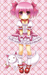 Rule 34 | 10s, 1girl, :3, animal ears, argyle, argyle background, argyle clothes, arms at sides, bow, bubble skirt, choker, creature, dress, full body, gloves, hair ribbon, jewelry, kaname madoka, kneehighs, kyubey, magical girl, mahou shoujo madoka magica, mahou shoujo madoka magica (anime), misato miyu, pink background, pink eyes, pink hair, pink theme, puffy sleeves, red eyes, ribbon, shoes, short hair, short twintails, skirt, socks, tail, twintails