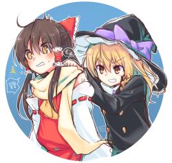 Rule 34 | !?, 2girls, ascot, blonde hair, blush, bow, braid, brown eyes, brown hair, detached sleeves, forbidden scrollery, frilled bow, frilled hair tubes, frills, grin, hair bow, hair tubes, hakurei reimu, hat, hat bow, highres, kirisame marisa, long hair, long sleeves, multiple girls, red bow, red skirt, ribbon-trimmed sleeves, ribbon trim, scarf, side braid, single braid, skirt, skirt set, smile, surprised, sweatdrop, taketatsu (bamboo stand09), touhou, witch hat, yellow ascot, yellow eyes, yellow scarf