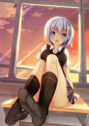 Rule 34 | 1girl, bad id, bad pixiv id, black socks, blue eyes, blush, breasts, classroom, cloud, desk, feet, hair ornament, hairclip, icywood, indoors, large breasts, looking at viewer, no shoes, on desk, open mouth, original, pleated skirt, pov, school, school desk, shadow, short hair, silver hair, sitting, on desk, skirt, sky, socks, soles, solo, sunset, sweater vest, thighs, toes, window