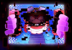 Rule 34 | 1boy, blue shirt, cleft chin, denim, denim jacket, facial hair, glitch, goggles, goggles on headwear, helmet, highres, hoshi (star-name2000), jacket, looking at viewer, motorcycle helmet, mustache, nintendo, open mouth, red eyes, shirt, square, wario, wario bug, warioware, warioware: get it together!