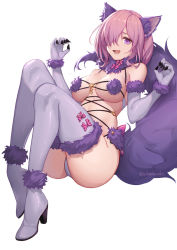 Rule 34 | 1girl, animal ears, blush, breasts, claw pose, claws, elbow gloves, fate/grand order, fate (series), fur-trimmed gloves, fur-trimmed legwear, fur collar, fur trim, gloves, hair over one eye, halloween costume, large breasts, light purple hair, looking at viewer, mash kyrielight, mash kyrielight (dangerous beast), o-ring, official alternate costume, open mouth, purple eyes, purple gloves, purple thighhighs, revealing clothes, sakanasoko, short hair, simple background, smile, solo, tail, thighhighs, white background, wolf ears, wolf girl, wolf tail