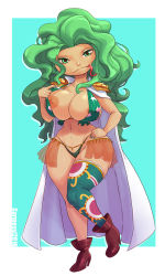 Rule 34 | 1girl, :3, areola slip, artist name, asymmetrical clothes, boa sandersonia, boots, breasts, cape, carmessi, covered erect nipples, curvy, epaulettes, eyelashes, eyeshadow, forked tongue, full body, green eyes, green hair, hand on own hip, highres, large breasts, long hair, long tongue, looking at viewer, makeup, matching hair/eyes, nail polish, navel, nipples, one breast out, one piece, single thighhigh, solo, stomach, thighhighs, thong, tongue, tongue out, wavy hair, wide face, wide hips