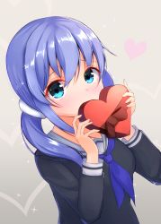 Rule 34 | 1girl, black shirt, blue eyes, blue hair, blue neckerchief, blush, bow, box, brown bow, commentary request, covered mouth, gift, gift box, grey background, grey sailor collar, hair between eyes, heart, heart-shaped box, highres, holding, holding gift, long hair, neckerchief, nijisanji, sailor collar, school uniform, serafuku, shirt, solo, twintails, virtual youtuber, ymd (holudoun), yuuki chihiro, yuuki chihiro (2nd costume)