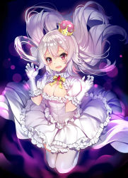 Rule 34 | 1girl, blush, bow, bowtie, breasts, cleavage, collar, commentary request, crown, dress, frilled collar, frilled dress, frilled gloves, frills, ghost pose, gloves, hair between eyes, highres, jewelry, kikistark, large breasts, long hair, looking at viewer, luigi&#039;s mansion, mario (series), mini crown, nintendo, open mouth, pale skin, princess king boo, purple eyes, ribbon, solo, standing, super crown, tilted headwear, white dress, white gloves, white hair