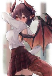 Rule 34 | 1girl, ahoge, alisia0812, arm up, black thighhighs, blurry, blush, breasts, brown hair, commentary request, covering own mouth, cowboy shot, depth of field, dragon girl, dragon horns, dragon tail, dragon wings, frills, granblue fantasy, grea (shingeki no bahamut), hair between eyes, highres, horns, long sleeves, looking to the side, medium breasts, miniskirt, plaid, plaid skirt, pleated skirt, pointy ears, red skirt, shingeki no bahamut, shirt, shirt tucked in, short hair, shoulder blades, sidelocks, signature, skirt, solo, tail, thighhighs, white shirt, wings, zettai ryouiki