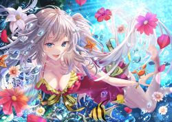 Rule 34 | 1girl, angelfish, blue eyes, blue gemstone, bow, bracelet, breasts, bubble, butterflyfish, collarbone, crab, fate/grand order, fate (series), fish, flower, frilled one-piece swimsuit, frills, gem, grey hair, hair flower, hair ornament, highres, jewelry, long hair, marie antoinette (fate), marie antoinette (swimsuit caster) (first ascension) (fate), medium breasts, one-piece swimsuit, open mouth, orange gemstone, petals, red flower, red one-piece swimsuit, shell hair ornament, signature, starfish hair ornament, striped, striped bow, swimsuit, totomiya, twintails, underwater, white flower, yellow bow