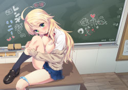 Rule 34 | 1girl, :p, ahoge, ai ai gasa, areola slip, bad id, bad pixiv id, blonde hair, blue panties, blush, breasts, breasts out, cardigan, chalk, chalkboard, green eyes, heart, hoshii miki, idolmaster, idolmaster (classic), large breasts, leg up, looking at viewer, maru (sara duke), nail polish, off shoulder, open clothes, open shirt, panties, panties around leg, parted lips, partially translated, pussy juice, revision, school uniform, shirt, shoes, skirt, smile, socks, solo, tongue, tongue out, translation request, underwear