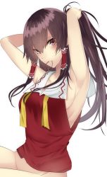 Rule 34 | 1girl, adjusting hair, alternate hairstyle, armpits, arms behind head, arms up, bare arms, bare shoulders, black hair, blush, bottomless, breasts, brown eyes, collarbone, groin, hair tie, hair tubes, hakurei reimu, highres, long hair, looking at viewer, medium breasts, mouth hold, no panties, onineko-chan, out-of-frame censoring, ponytail, red eyes, red shirt, rubber band, shirt, sideboob, sidelocks, simple background, sitting, sleeveless, sleeveless shirt, solo, touhou, tying hair, white background