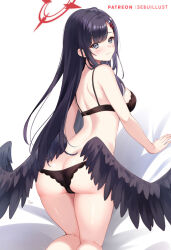 Rule 34 | 1girl, artist name, black bra, black hair, black panties, black wings, blue archive, blush, bra, breasts, closed mouth, commentary request, feathered wings, from behind, hair ornament, hairclip, halo, ichika (blue archive), large breasts, long hair, low wings, panties, red halo, sebu illust, simple background, solo, underwear, underwear only, watermark, white background, wings