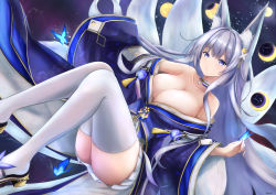 Rule 34 | 1girl, amano kusatsu, animal ear fluff, animal ears, azur lane, bare shoulders, blue butterfly, blue collar, blue eyes, blue kimono, blush, breasts, bug, butterfly, butterfly on hand, cleavage, collar, fox ears, fox girl, hair between eyes, hair ornament, highres, insect, japanese clothes, kimono, kitsune, large breasts, large tail, long hair, long sleeves, looking at viewer, moon phases, multiple tails, night, off shoulder, pleated skirt, purple eyes, shinano (azur lane), silver hair, skirt, solo, tail, thighhighs, white skirt, white tail, wide sleeves