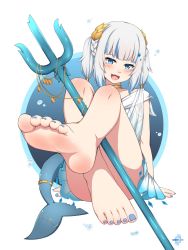 Rule 34 | 1girl, barefoot, blue eyes, blue hair, blunt bangs, fins, fish tail, gawr gura, highres, hololive, hololive english, lululewd, medium hair, multicolored hair, nail polish, open mouth, shark girl, shark tail, sharp teeth, silver hair, simple background, soles, solo, streaked hair, tail, teeth, toenail polish, toenails, toes, two side up, virtual youtuber, white background