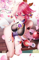 Rule 34 | 1girl, absurdres, alcohol, animal ears, arm strap, bare shoulders, bench, blush, book, bottle, branch, breasts, cherry blossoms, choko (cup), cup, earrings, falling petals, fantongjun, fox ears, from above, genshin impact, gold earrings, hair between eyes, hair ornament, heart, heart-shaped pupils, highres, hip focus, japanese clothes, jewelry, large breasts, long hair, looking at viewer, miko, no pants, pelvic curtain, petals, pink hair, purple eyes, revealing clothes, sakazuki, sake, sake bottle, sidelocks, sitting, solo, symbol-shaped pupils, tassel, thighs, tongue, tongue out, very long hair, yae miko