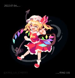 Rule 34 | 1girl, ;d, artist name, ascot, black background, blonde hair, commentary, crystal, dated, english commentary, flandre day, flandre scarlet, full body, hat, hat ribbon, king liu, laevatein (touhou), looking at viewer, mixed-language commentary, mob cap, one eye closed, one side up, open mouth, pointing, rainbow order, red eyes, red footwear, red ribbon, red skirt, red vest, ribbon, shirt, simple background, skirt, smile, socks, solo, touhou, vest, white hat, white shirt, white socks, wings, yellow ascot