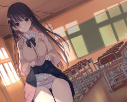 Rule 34 | 1girl, blush, bow, breasts, brown eyes, brown hair, classroom, commentary request, dutch angle, frilled panties, frills, gin (oyoyo), highres, large breasts, lifted by self, long hair, looking at viewer, original, panties, partial commentary, pink panties, school uniform, sunset, sweater, underwear