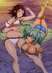 Rule 34 | 2girls, armpits, ass, bachou mouki, bare arms, bare legs, bare shoulders, bikini, blush, breasts, brown hair, cleavage, dark-skinned female, dark skin, female focus, green hair, highres, ikkitousen, large breasts, leg up, legs, looking at another, looking to the side, lying, multiple girls, official art, on back, on stomach, open mouth, petals, ponytail, ryofu housen, short hair, smile, swimsuit, twintails, underboob, yuri