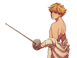 Rule 34 | 1boy, adrien agreste, artist request, back, blonde hair, chat noir, child, cowboy shot, fencing, from behind, green eyes, looking at viewer, male focus, miraculous ladybug, topless male, simple background, smile, solo, undressing, white background