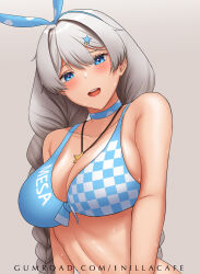 Rule 34 | 1girl, 1nilla&#039;, :d, ahoge, bikini, blue bikini, blue choker, blue eyes, breasts, brown background, choker, cleavage, commentary, english commentary, headband, highres, honkai (series), honkai impact 3rd, jewelry, kiana kaslana, large breasts, long hair, looking at viewer, medium breasts, necklace, one eye closed, open mouth, simple background, smile, solo, swimsuit, teeth, upper body, upper teeth only, very long hair, watermark, web address, white hair