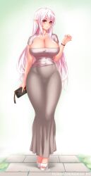 1girl bag breasts cleavage covered_navel curvy dongtan_dress dress facial_mark handbag high_heels highres holding holding_bag huge_breasts impossible_clothes impossible_dress kyara_akaro large_breasts long_dress long_hair meme_attire mermaid_dress midnight_(banyex) original pink_hair pointy_ears red_eyes scoop_neck solo taut_clothes taut_dress thick_thighs thighs tight_clothes tight_dress