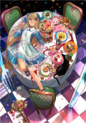 Rule 34 | 1girl, alice (alice in wonderland), alice in wonderland, blonde hair, blue eyes, bottle, cake, candle, card, cat, chair, checkered floor, cheshire cat (alice in wonderland), cookie, cup, dress, drinking glass, floor, food, fork, fuzichoco, gingerbread man, hat, heart, holding, holding fork, key, knife, long hair, lying, on back, petals, plate, playing card, red wine, star (symbol), top hat, wine, wine glass